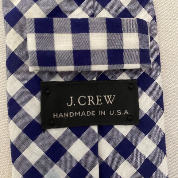 J Crew Mens Neck Tie Summer Cotton Gingham Plaid Navy And White - Picture 5 of 6